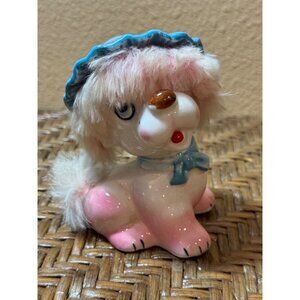 Vintage WALES Ceramic Poodle Figurine With Faux Fur & Blue Hat Made In Japan